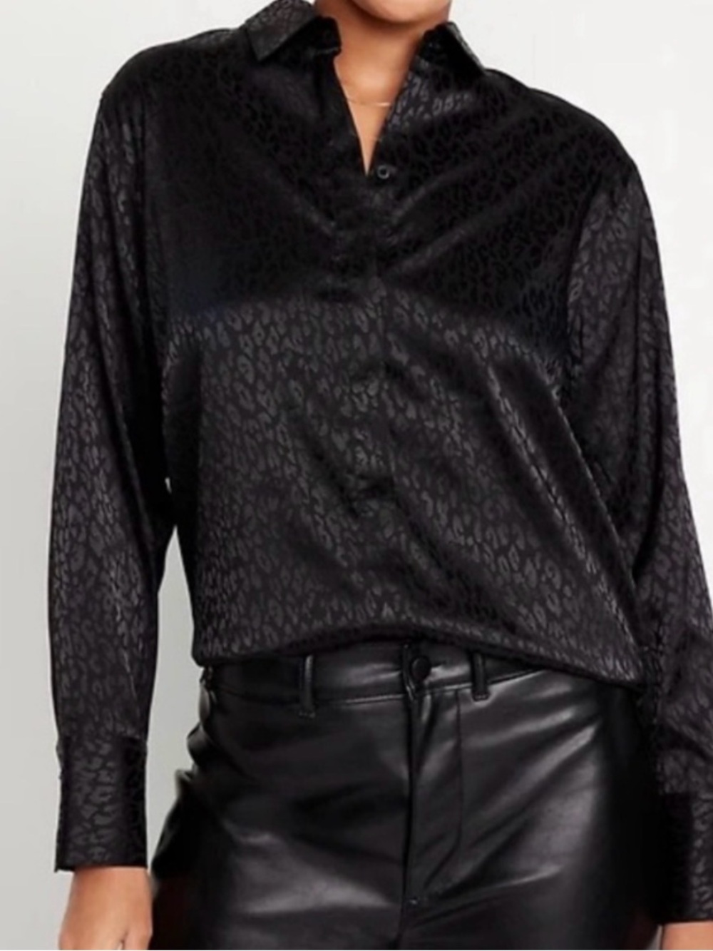 Old Navy Black Satin Leopard Print Button-Down Shirt